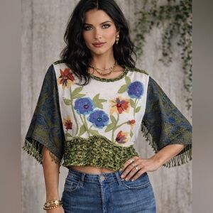 Handmade Artistic Floral Women's Tunic with Green Accents